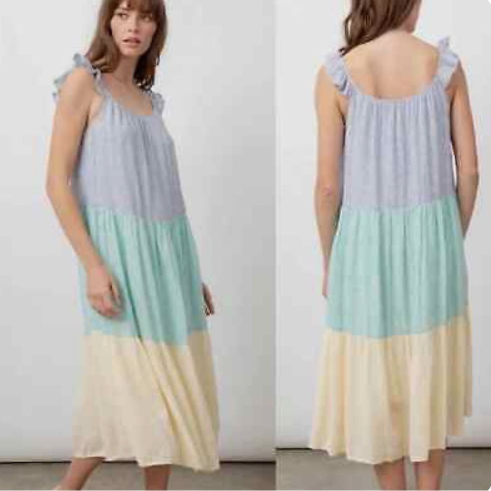 Rails Capri Mixed Rainbow Stripe Flutter Dress Linen Cotton Midi